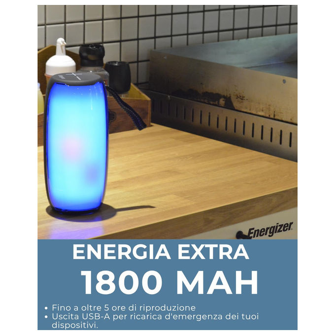 Energizer speaker bluetooth BTS121, power bank 1800mAh, stereo 6W x2, Bluetooth 5.2, impermeabile IP65, luci LED, vivavoce, FM, Micro SD