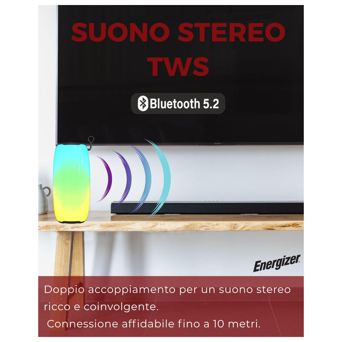 Energizer speaker bluetooth BTS121, power bank 1800mAh, stereo 6W x2, Bluetooth 5.2, impermeabile IP65, luci LED, vivavoce, FM, Micro SD