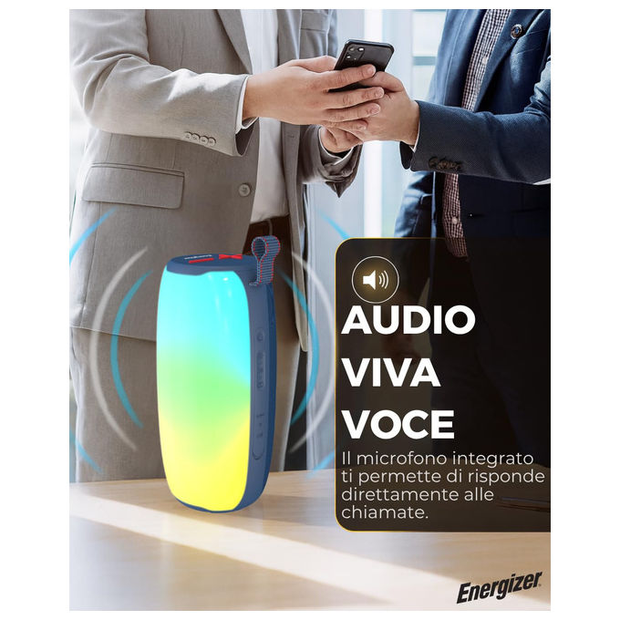 Energizer speaker bluetooth BTS121, power bank 1800mAh, stereo 6W x2, Bluetooth 5.2, impermeabile IP65, luci LED, vivavoce, FM, Micro SD