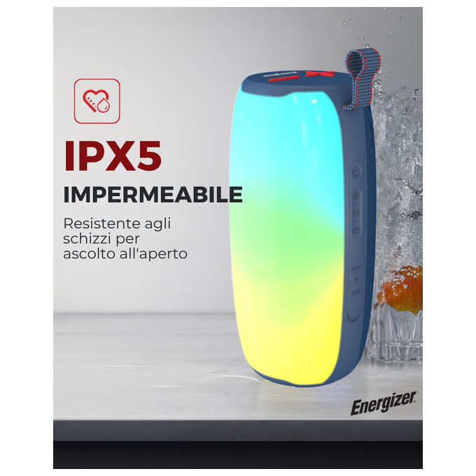 Energizer speaker bluetooth BTS121, power bank 1800mAh, stereo 6W x2, Bluetooth 5.2, impermeabile IP65, luci LED, vivavoce, FM, Micro SD
