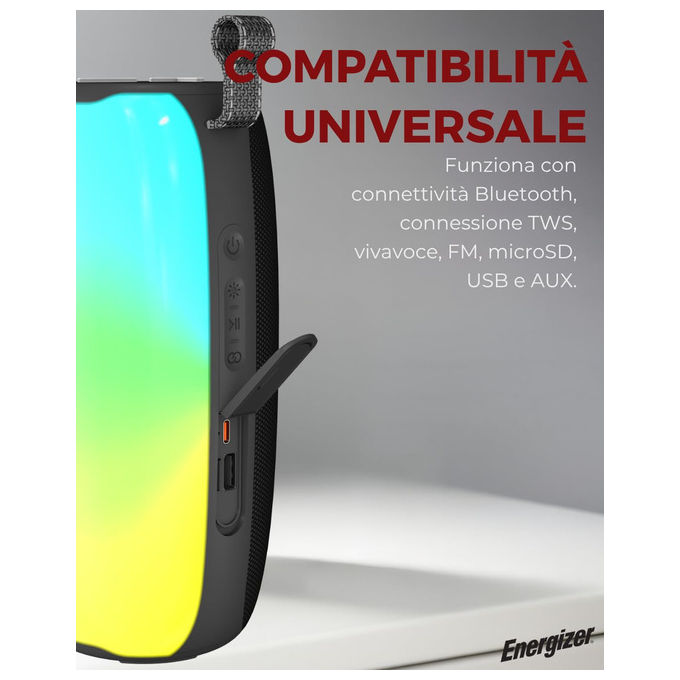 Energizer speaker bluetooth BTS121, power bank 1800mAh, stereo 6W x2, Bluetooth 5.2, impermeabile IP65, luci LED, vivavoce, FM, Micro SD
