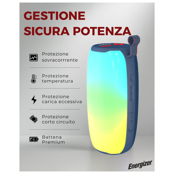 Energizer speaker bluetooth BTS121, power bank 1800mAh, stereo 6W x2, Bluetooth 5.2, impermeabile IP65, luci LED, vivavoce, FM, Micro SD