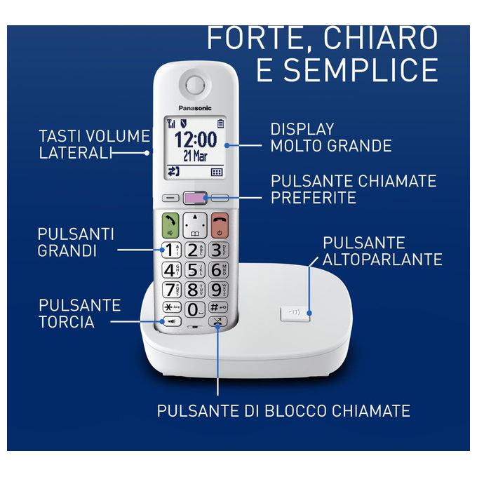 Panasonic KX-TGU410EXW Telefono Cordless DECT Display LCD 2.1'' Tasti Grandi Torcia LED Compatibile Apparecchi Acustici Blocco Chiamate colore Bianco