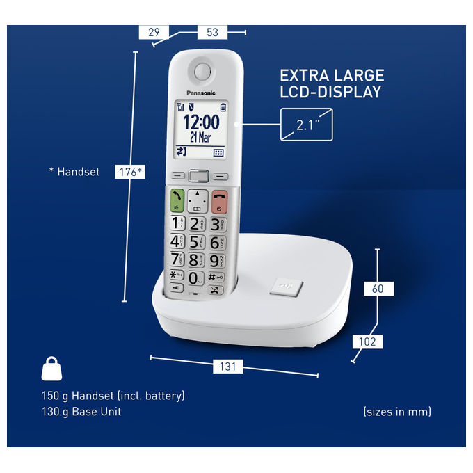 Panasonic KX-TGU410EXW Telefono Cordless DECT Display LCD 2.1'' Tasti Grandi Torcia LED Compatibile Apparecchi Acustici Blocco Chiamate colore Bianco