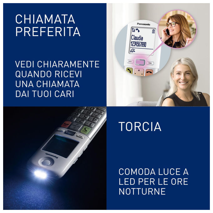 Panasonic KX-TGU410EXW Telefono Cordless DECT Display LCD 2.1'' Tasti Grandi Torcia LED Compatibile Apparecchi Acustici Blocco Chiamate colore Bianco