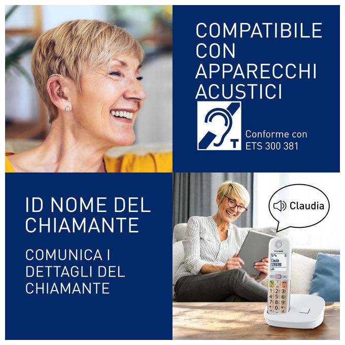 Panasonic KX-TGU410EXW Telefono Cordless DECT Display LCD 2.1'' Tasti Grandi Torcia LED Compatibile Apparecchi Acustici Blocco Chiamate colore Bianco