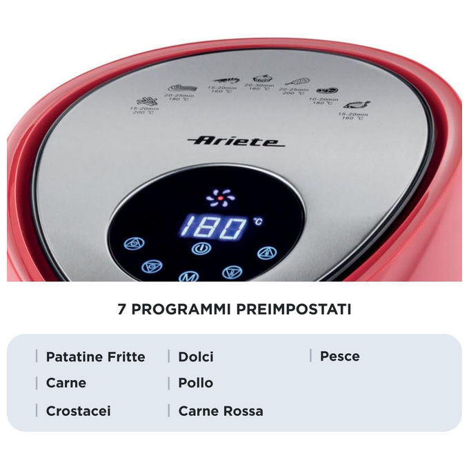 Ariete friggitrice ad aria 7 litri, Airy Fryer XXL, 1800 watt, 7 modalita' di cottura, capacita' 2,5 kg, temperatura fino a 200°C, rosso