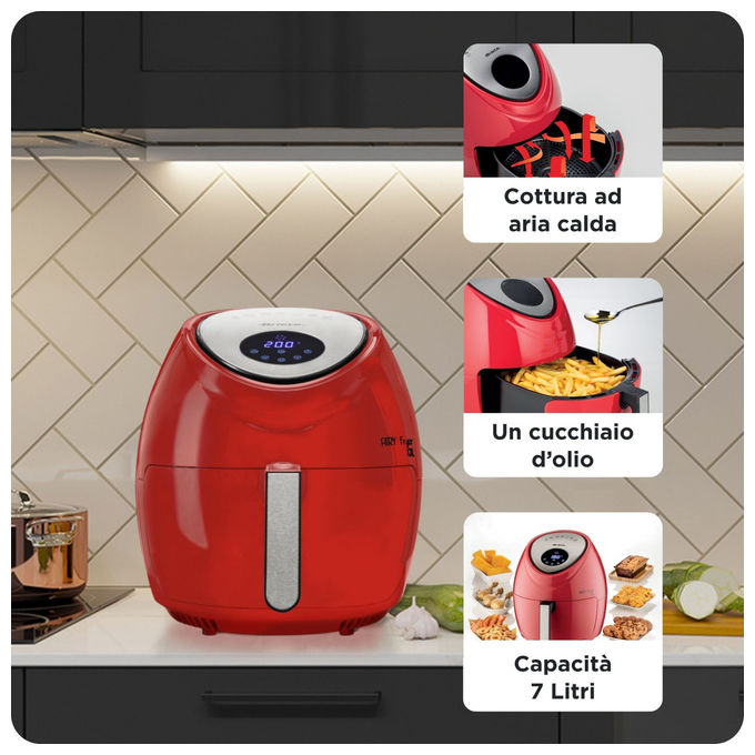 Ariete friggitrice ad aria 7 litri, Airy Fryer XXL, 1800 watt, 7 modalita' di cottura, capacita' 2,5 kg, temperatura fino a 200°C, rosso