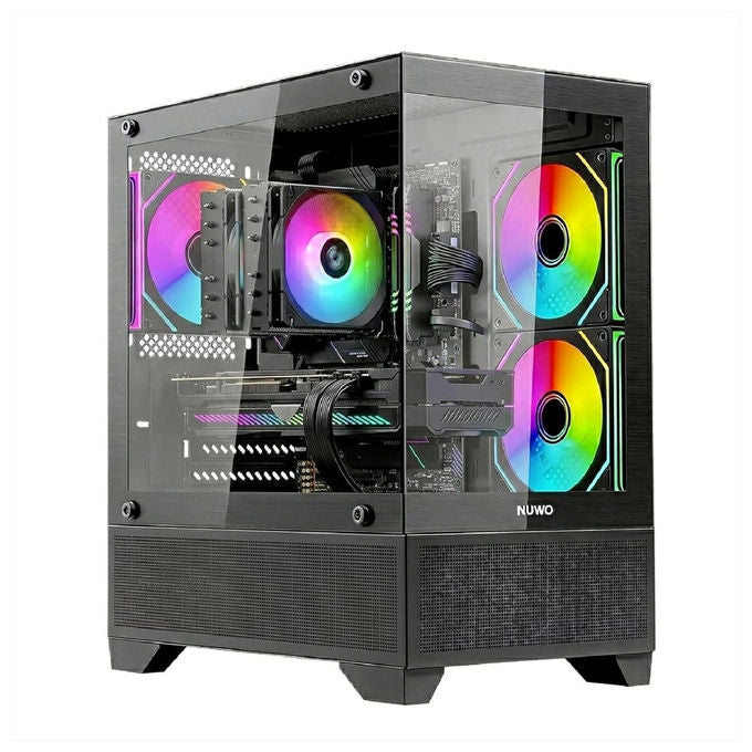 Nuwo Flow FK100, case pc gaming micro-ATX mini tower, 3 ventole ARGB 120mm, doppio pannello vetro temperato, nero