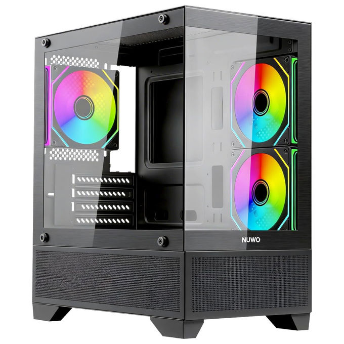 Nuwo Flow FK100, case pc gaming micro-ATX mini tower, 3 ventole ARGB 120mm, doppio pannello vetro temperato, nero