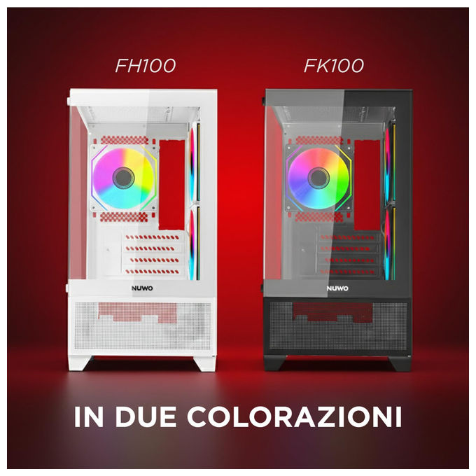 Nuwo Flow FK100, case pc gaming micro-ATX mini tower, 3 ventole ARGB 120mm, doppio pannello vetro temperato, nero