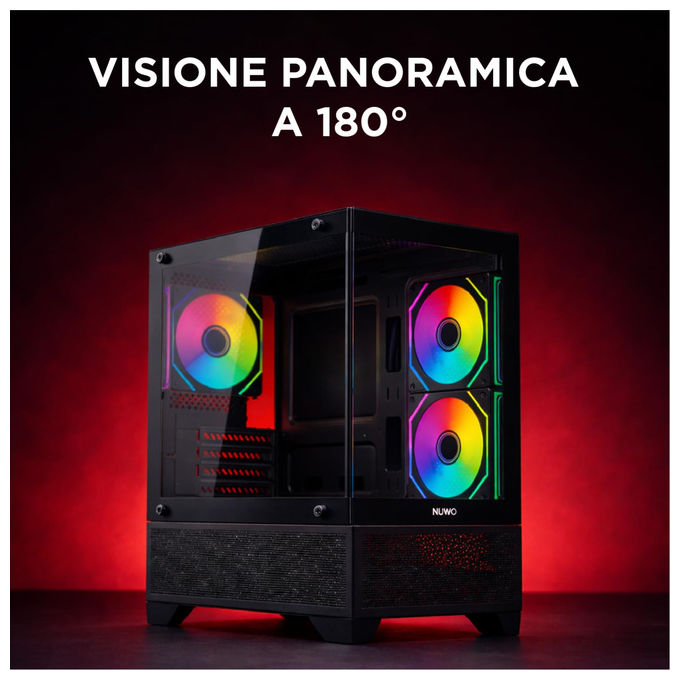 Nuwo Flow FK100, case pc gaming micro-ATX mini tower, 3 ventole ARGB 120mm, doppio pannello vetro temperato, nero