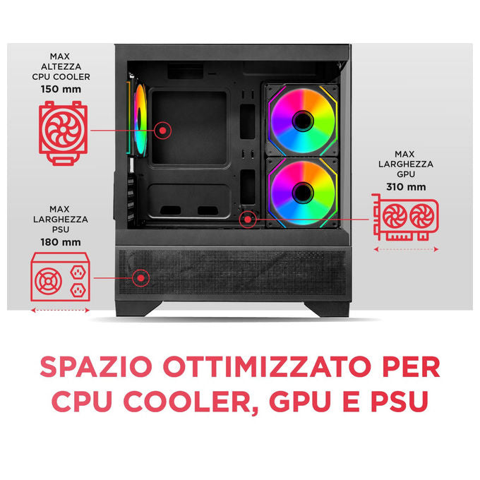 Nuwo Flow FK100, case pc gaming micro-ATX mini tower, 3 ventole ARGB 120mm, doppio pannello vetro temperato, nero