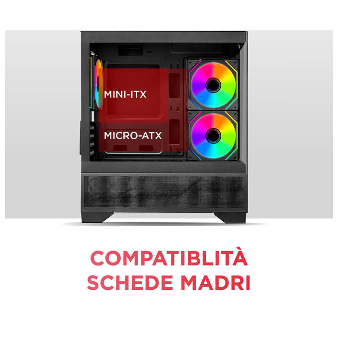 Nuwo Flow FK100, case pc gaming micro-ATX mini tower, 3 ventole ARGB 120mm, doppio pannello vetro temperato, nero