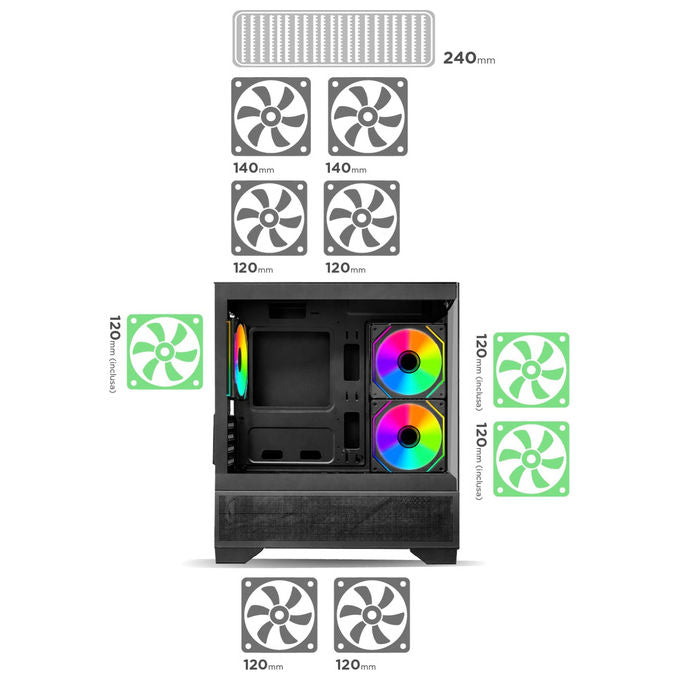 Nuwo Flow FK100, case pc gaming micro-ATX mini tower, 3 ventole ARGB 120mm, doppio pannello vetro temperato, nero