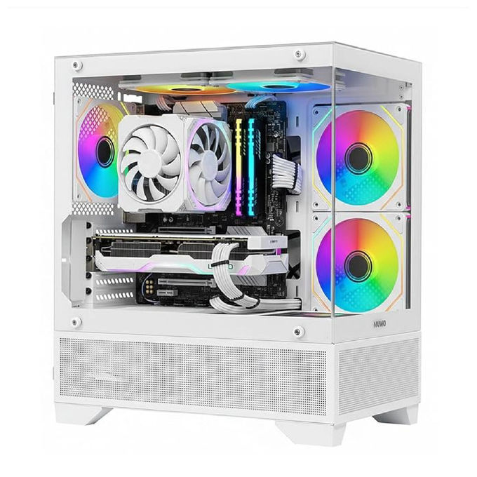 Nuwo Flow FH100 case pc gaming mini tower micro-ATX, 3 ventole ARGB 120mm, doppio vetro temperato panoramico, bianco