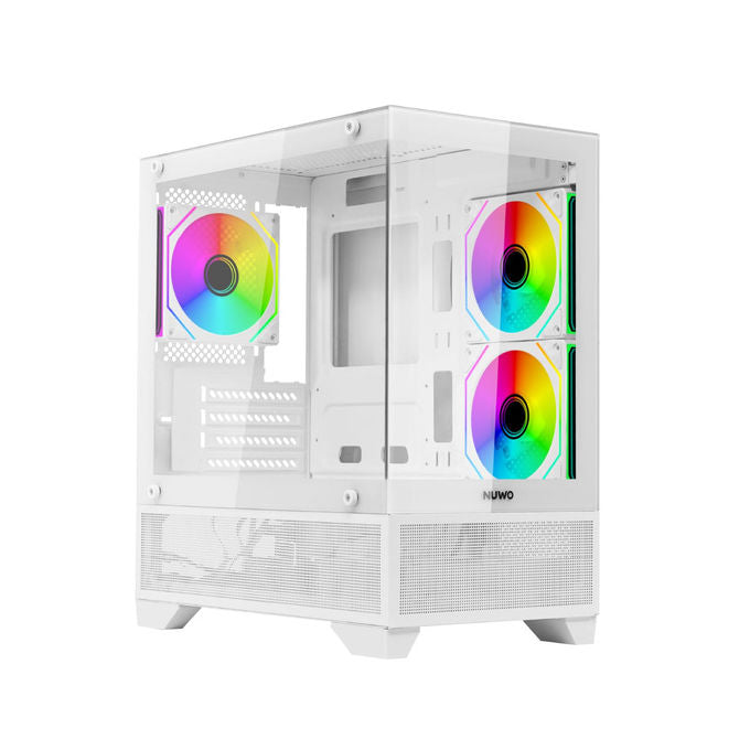 Nuwo Flow FH100 case pc gaming mini tower micro-ATX, 3 ventole ARGB 120mm, doppio vetro temperato panoramico, bianco