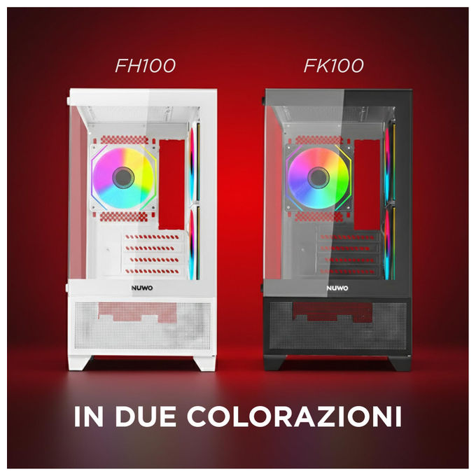 Nuwo Flow FH100 case pc gaming mini tower micro-ATX, 3 ventole ARGB 120mm, doppio vetro temperato panoramico, bianco