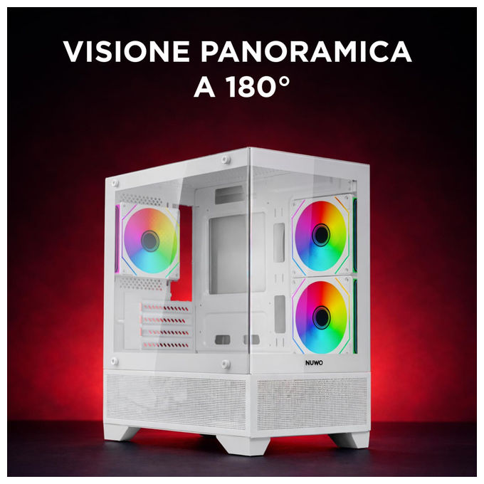 Nuwo Flow FH100 case pc gaming mini tower micro-ATX, 3 ventole ARGB 120mm, doppio vetro temperato panoramico, bianco
