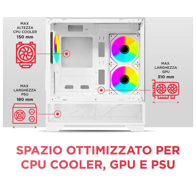 Nuwo Flow FH100 case pc gaming mini tower micro-ATX, 3 ventole ARGB 120mm, doppio vetro temperato panoramico, bianco