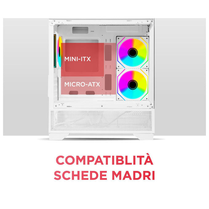Nuwo Flow FH100 case pc gaming mini tower micro-ATX, 3 ventole ARGB 120mm, doppio vetro temperato panoramico, bianco
