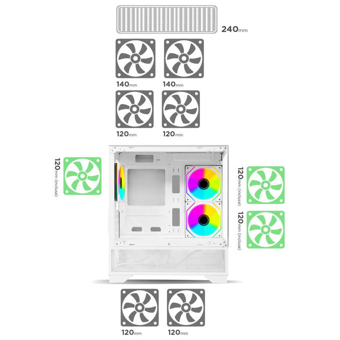 Nuwo Flow FH100 case pc gaming mini tower micro-ATX, 3 ventole ARGB 120mm, doppio vetro temperato panoramico, bianco