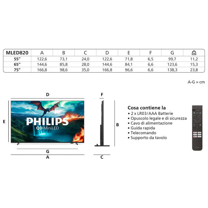 Philips 55MLED820-12 Smart TV 55'' Mini LED QD 4K UHD Processore P5 Titan OS Dolby Vision Dolby Atmos HDR10+ colore Nero