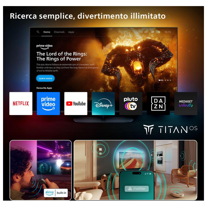 Philips 55MLED820-12 Smart TV 55'' Mini LED QD 4K UHD Processore P5 Titan OS Dolby Vision Dolby Atmos HDR10+ colore Nero