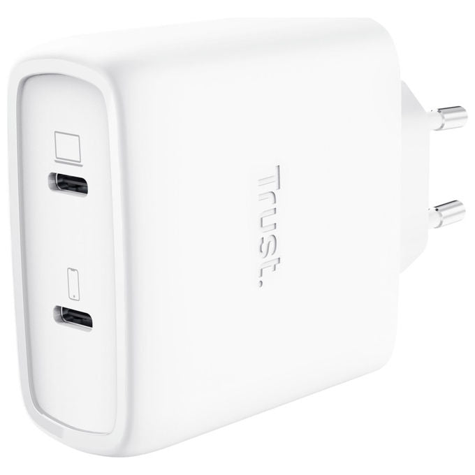 Trust Maxo caricabatterie da muro GaN 65W, 2 porte USB-C, ricarica rapida universale, cavo USB-C incluso, Bianco