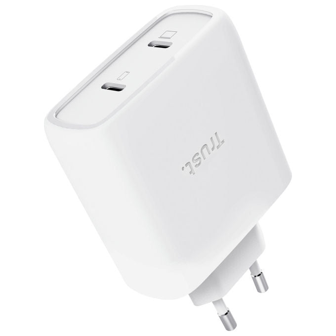 Trust Maxo caricabatterie da muro GaN 65W, 2 porte USB-C, ricarica rapida universale, cavo USB-C incluso, Bianco