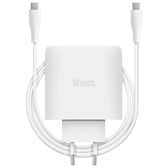 Trust Maxo caricabatterie da muro GaN 65W, 2 porte USB-C, ricarica rapida universale, cavo USB-C incluso, Bianco