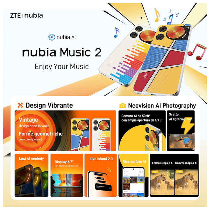 Nubia Music 2 Melody Wave smartphone Android 14, display 6.7'' HD+ 120Hz, fotocamera 50MP, 8GB RAM, 128GB, Octa-Core, 4G