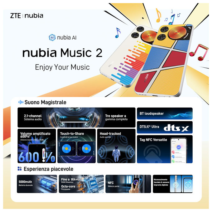 Nubia Music 2 Melody Wave smartphone Android 14, display 6.7'' HD+ 120Hz, fotocamera 50MP, 8GB RAM, 128GB, Octa-Core, 4G