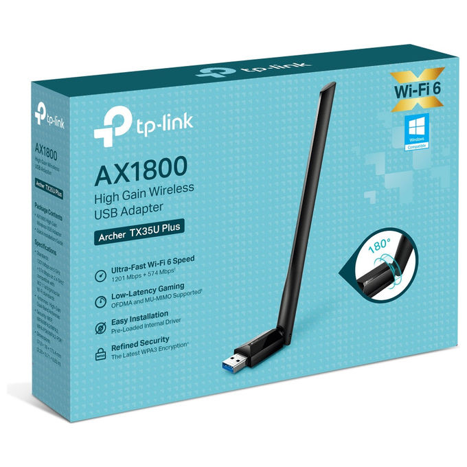 TP-Link adattatore USB Wi-Fi 6, Archer TX35U Plus, AX1800, dual-band 2.4 GHz e 5 GHz, MU-MIMO, USB 3.0, nero