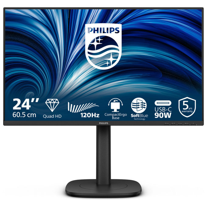 Philips monitor 23,8 pollici IPS QHD 2560x1440, 120Hz, docking USB-C 90W, HDMI 2.1, DisplayPort, RJ45, flicker-free, regolazione altezza, pivot, 24B2U3601