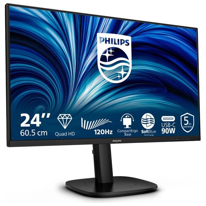 Philips monitor 23,8 pollici IPS QHD 2560x1440, 120Hz, docking USB-C 90W, HDMI 2.1, DisplayPort, RJ45, flicker-free, regolazione altezza, pivot, 24B2U3601