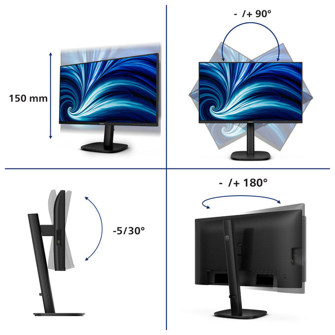 Philips monitor 23,8 pollici IPS QHD 2560x1440, 120Hz, docking USB-C 90W, HDMI 2.1, DisplayPort, RJ45, flicker-free, regolazione altezza, pivot, 24B2U3601