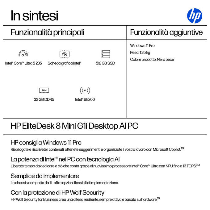 HP EliteDesk 8 Mini G1i, mini PC AI, Intel Core Ultra 5 235, 32 GB DDR5, SSD 512 GB NVMe, Wi-Fi 7, Windows 11 Pro, nero