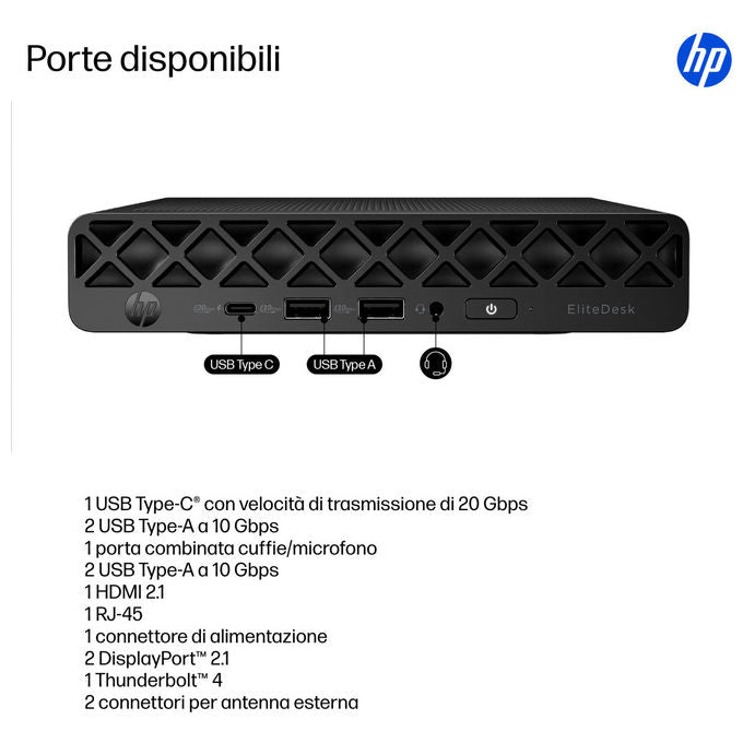 HP EliteDesk 8 Mini G1i, mini PC AI, Intel Core Ultra 5 235, 32 GB DDR5, SSD 512 GB NVMe, Wi-Fi 7, Windows 11 Pro, nero