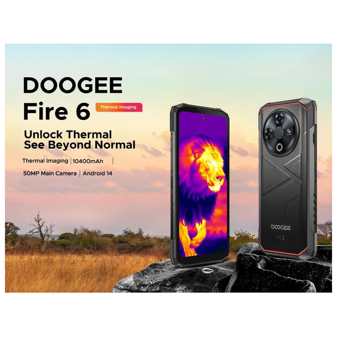 Doogee Fire 6 smartphone rugged, 6,56'' 90Hz, 16GB RAM, 256GB, batteria 10400mAh, fotocamera 50MP, Android 14, nero