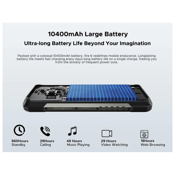 Doogee Fire 6 smartphone rugged, 6,56'' 90Hz, 16GB RAM, 256GB, batteria 10400mAh, fotocamera 50MP, Android 14, nero