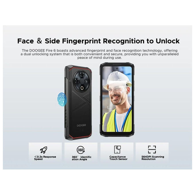 Doogee Fire 6 smartphone rugged, 6,56'' 90Hz, 16GB RAM, 256GB, batteria 10400mAh, fotocamera 50MP, Android 14, nero
