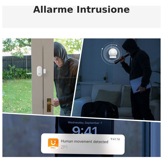 Imou kit allarme Zigbee 3.0, centralina ZG2, 2 sensori porte finestre ZD1, sensore movimento ZP1, telecomando ZB1, app Imou Life, Alexa e Google