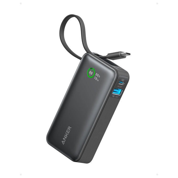 Anker power bank 10000 mAh, 45W ricarica rapida, cavo USB-C retrattile integrato, 3 porte, compatibile iPhone Samsung, nero