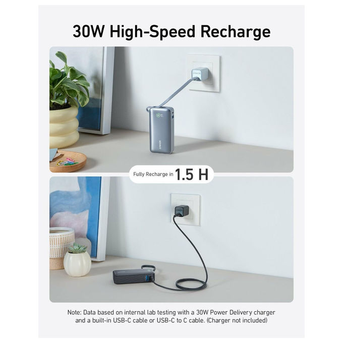 Anker A1259G11 545 Nano Power Bank 10000 mAh 30W ricarica rapida cavo USB-C integrato colore Nero