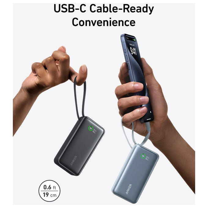 Anker A1259G11 545 Nano Power Bank 10000 mAh 30W ricarica rapida cavo USB-C integrato colore Nero