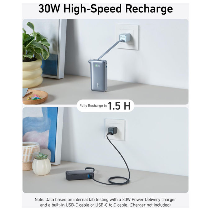 Anker A1259G11 545 Nano Power Bank 10000 mAh 30W ricarica rapida cavo USB-C integrato colore Nero