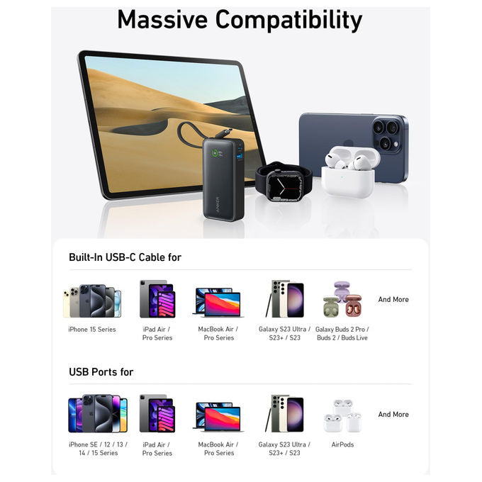 Anker A1259G11 545 Nano Power Bank 10000 mAh 30W ricarica rapida cavo USB-C integrato colore Nero
