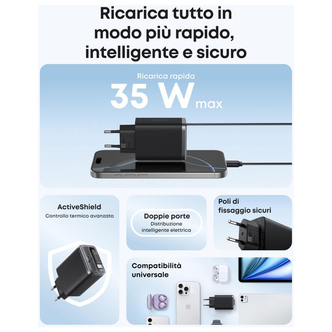 Anker A2658G11 Nano Caricabatterie USB-C 35W 2 Porte Cavo Retrattile Integrato 0,7m Ricarica Rapida GaN colore Nero