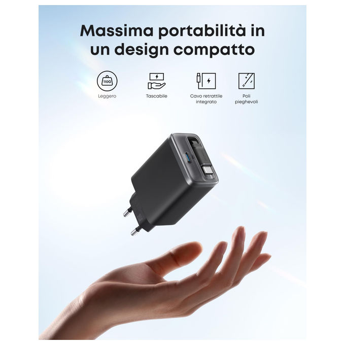 Anker A2658G11 Nano Caricabatterie USB-C 35W 2 Porte Cavo Retrattile Integrato 0,7m Ricarica Rapida GaN colore Nero
